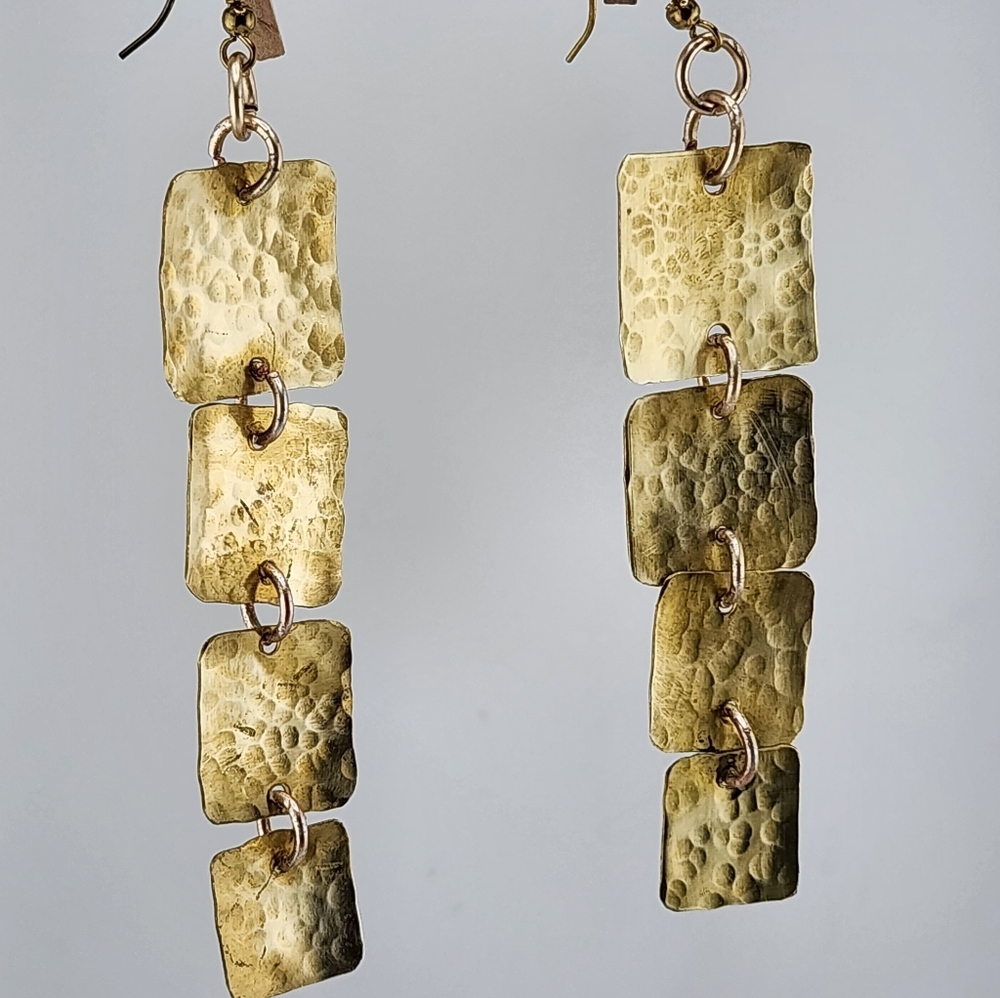 BRASS EARRINGS HANDMADE HAMMERED FOR TEXTURE DANGLING STYLE - Picture 3 of 9